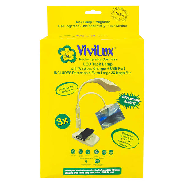 ViviLux Cordless LED Task Light w Wireless Phone Charger & Magnifier