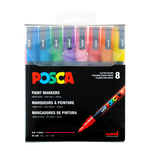 Uni Posca Paint Marker 1.3mm Fine Tip Pen (PC-3M) - Set of 8 Glitter Colours