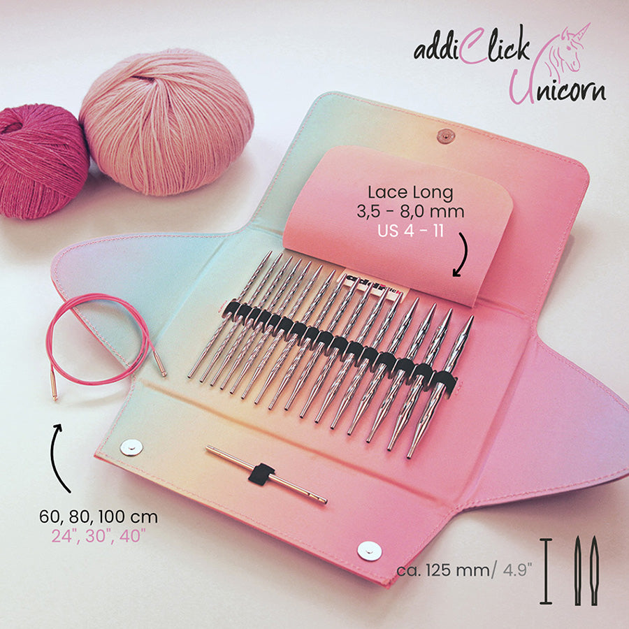 Addi Click 5" (13cm) Interchangeable Long Lace Knitting Needle Tips - Unicorn Set