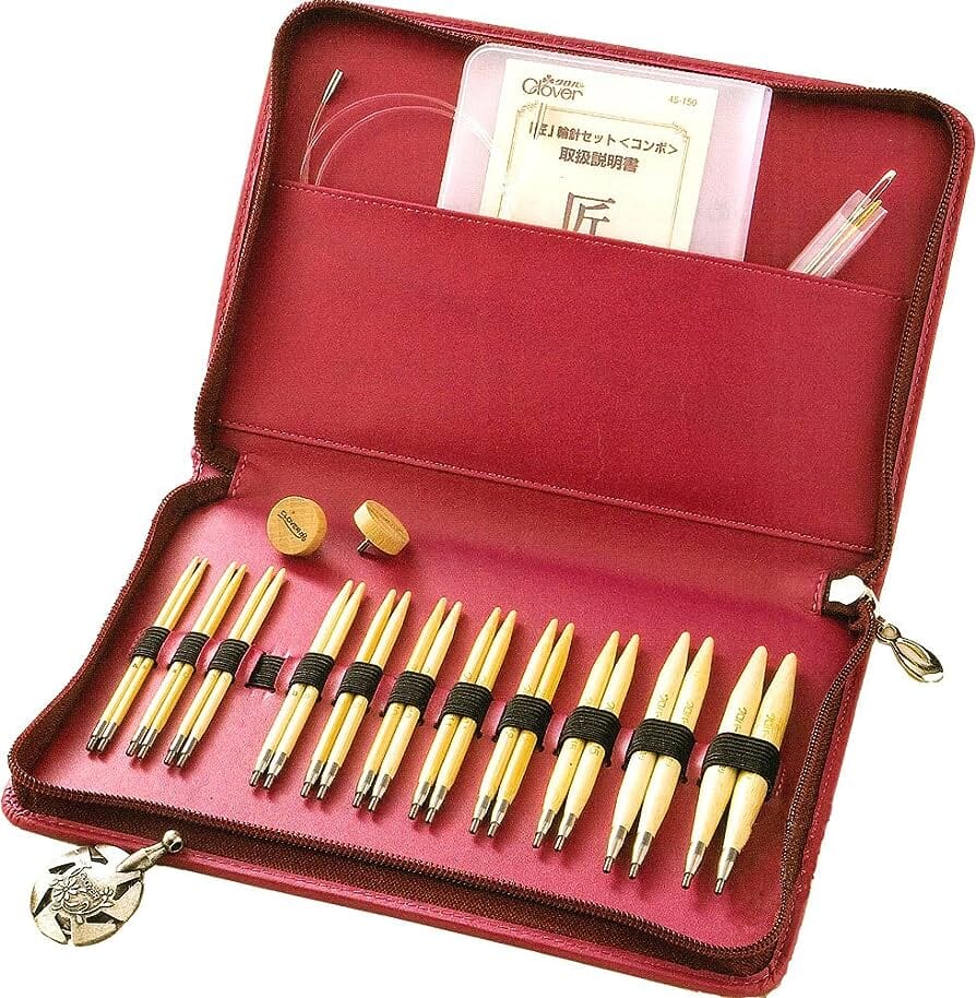 Clover "Takumi" Bamboo Interchangeable Knitting Needles - Red Combo Set of 12