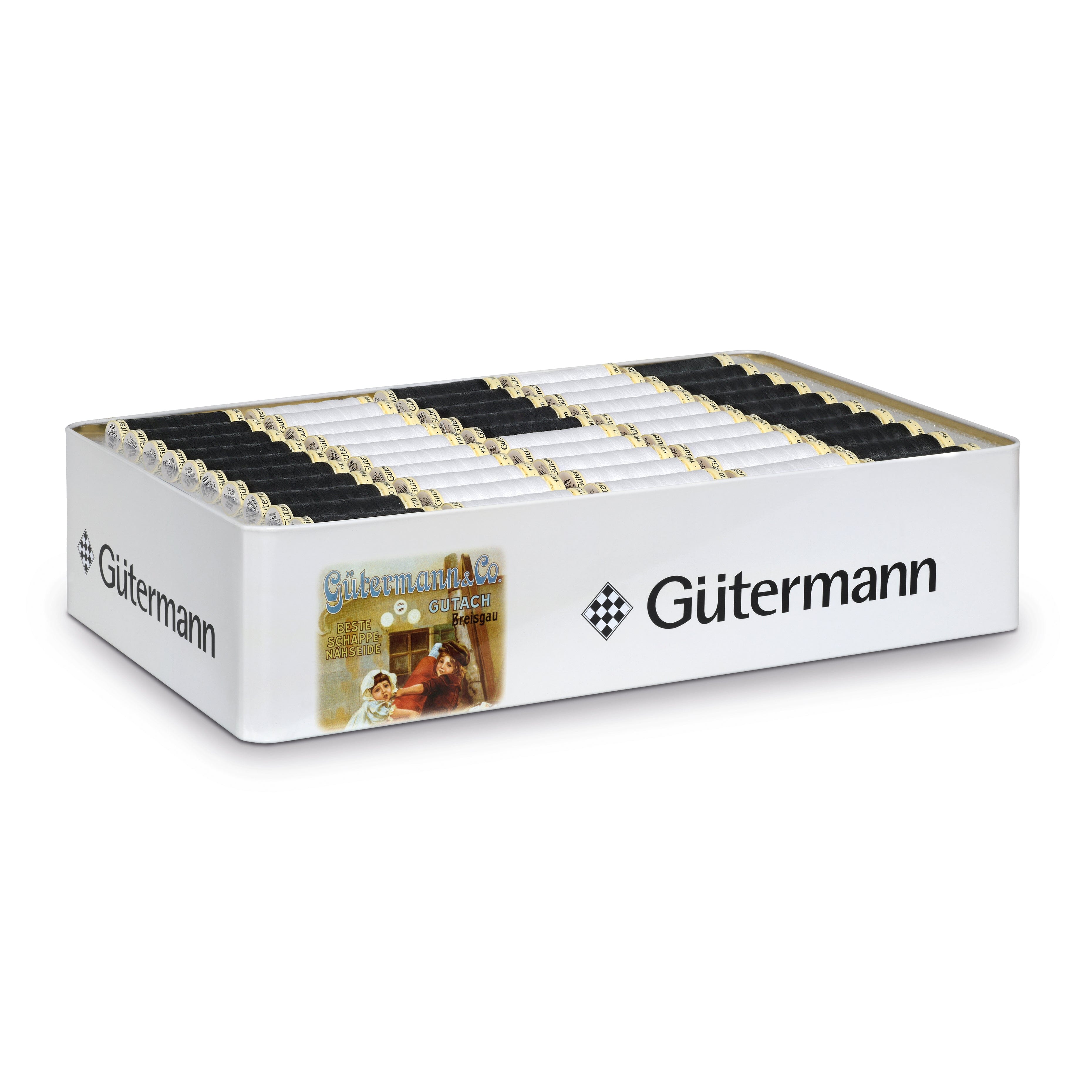 Gutermann Sew-All Sewing Thread Nostalgic Tin - 180 x 100m Black & White Spools