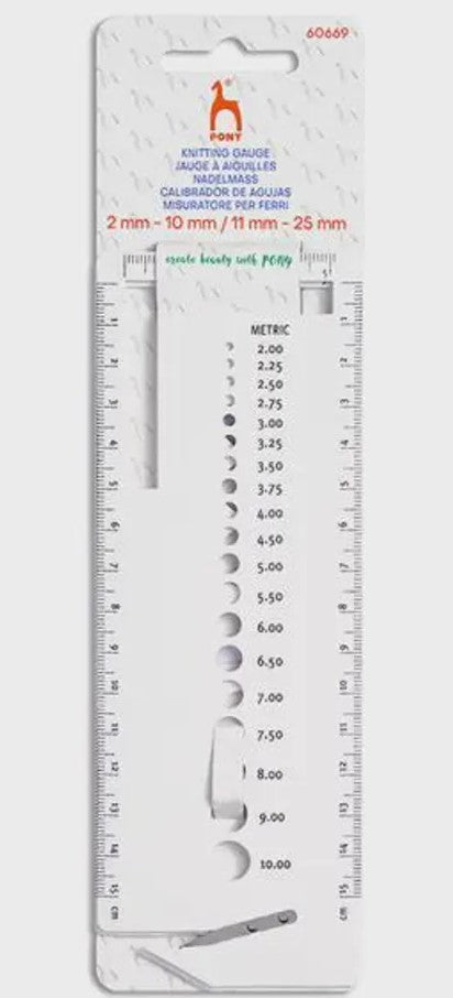 Pony Knitting Needle Gauge & Ruler w Yarn Cutting Blade