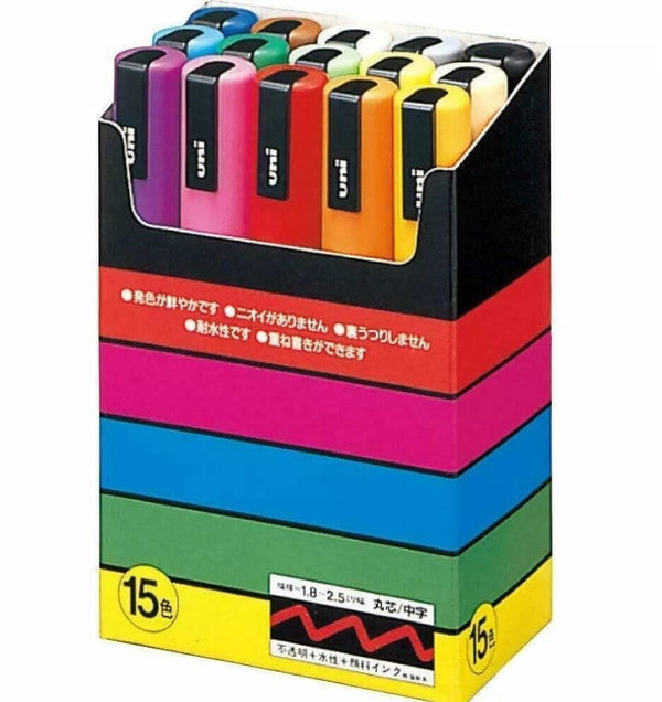 Uni Posca Paint Marker 1.8-2.5mm Bullet Tip Pen (PC-5M) - Set of 15 Colours