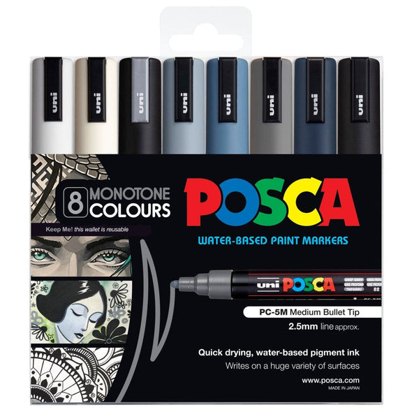 Uni Posca Paint Marker 1.8-2.5mm Bullet Tip Pen (PC-5M) - Set of 8 Monotone Colours