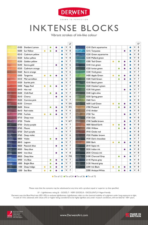 Derwent "Inktense" Water-soluble Colour Ink Blocks Set - Choose Your Size
