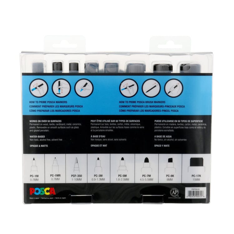 Uni Posca Paint Marker Pen Set of 8 - White/Black Set of All Sizes