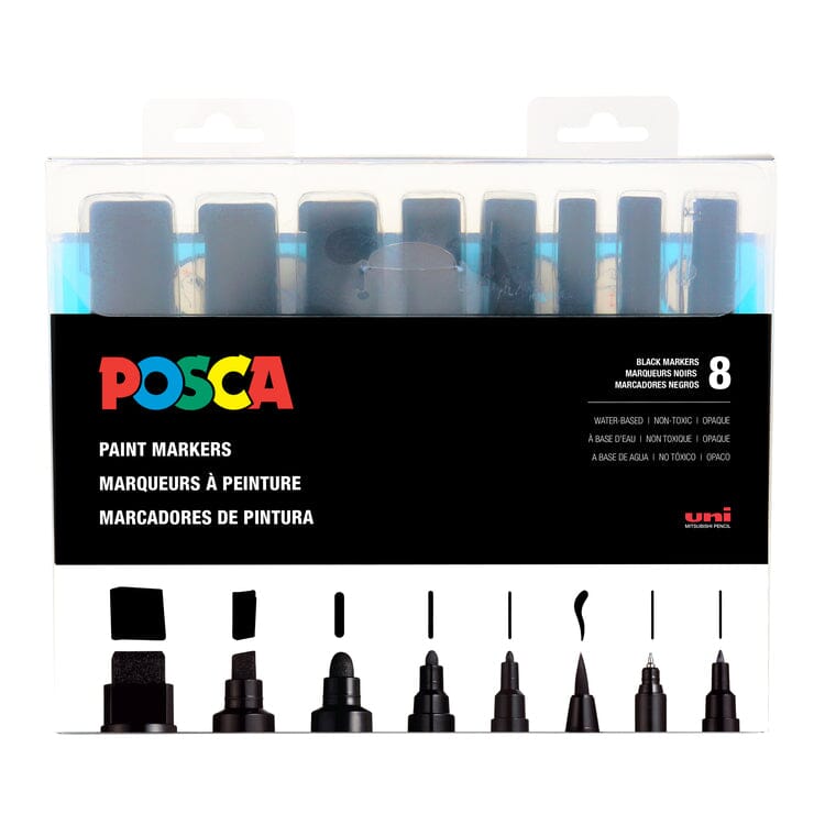 Uni Posca Paint Marker Pen Set of 8 - White/Black Set of All Sizes