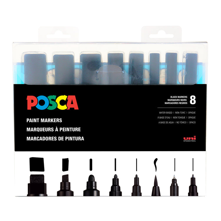 Uni Posca Paint Marker Pen Set of 8 - White/Black Set of All Sizes