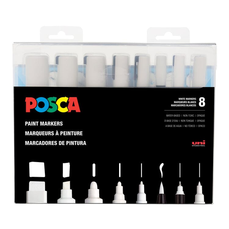 Uni Posca Paint Marker Pen Set of 8 - White/Black Set of All Sizes