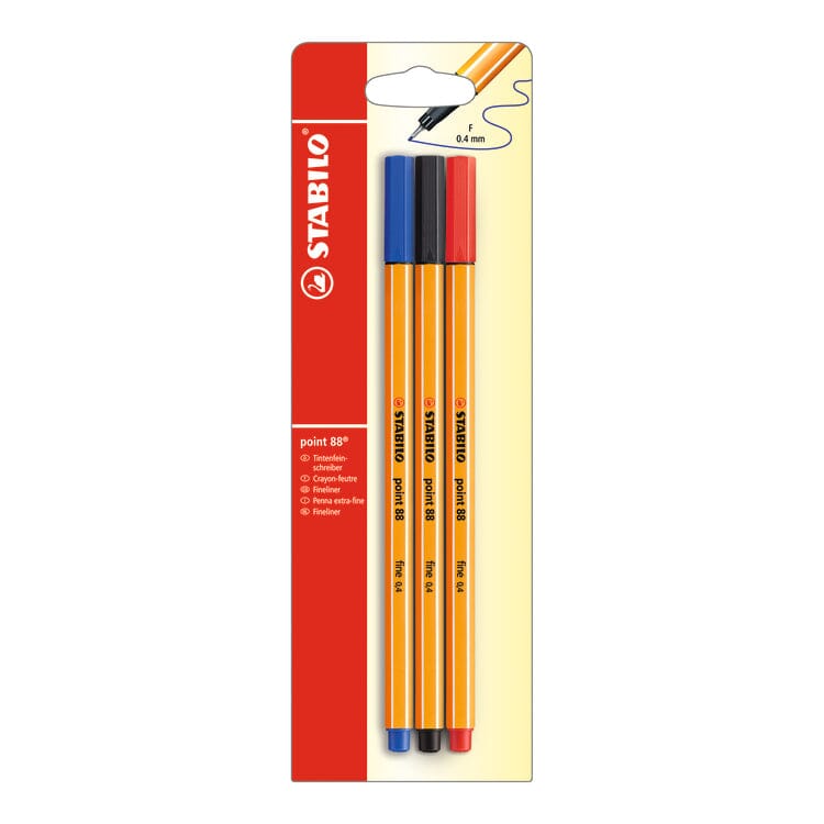 Stabilo "Point 88" Fineliner 0.4mm Pen Pack - Black, Blue, Red