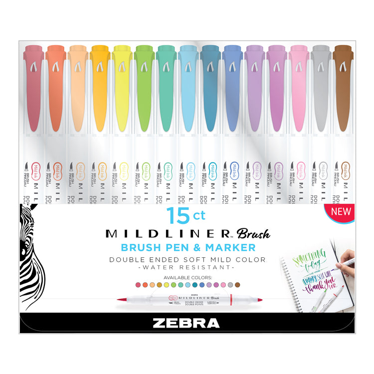 Zebra Mildliner Brush Double Ended Artist Markers - Set of 15