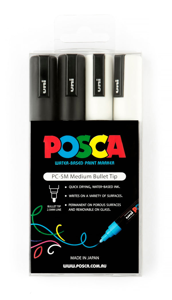 Uni Posca Paint Marker 1.8-2.5mm Bullet Tip Pen (PC-5M) - Black/White Set of 4
