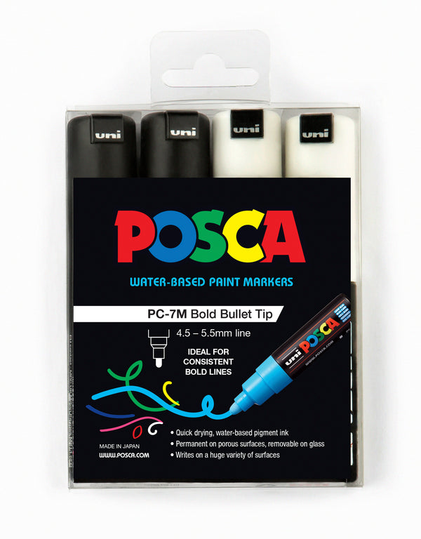 Uni Posca Paint Marker 4.5mm Bullet Tip Pen (PC-7M) - Black/White Set of 4