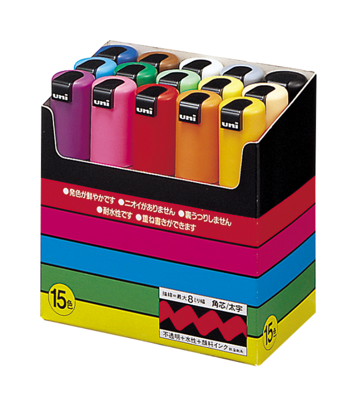Uni Posca Paint Marker 4.5mm Chisel Tip Pen (PC-8K) - Set of 15 Colours