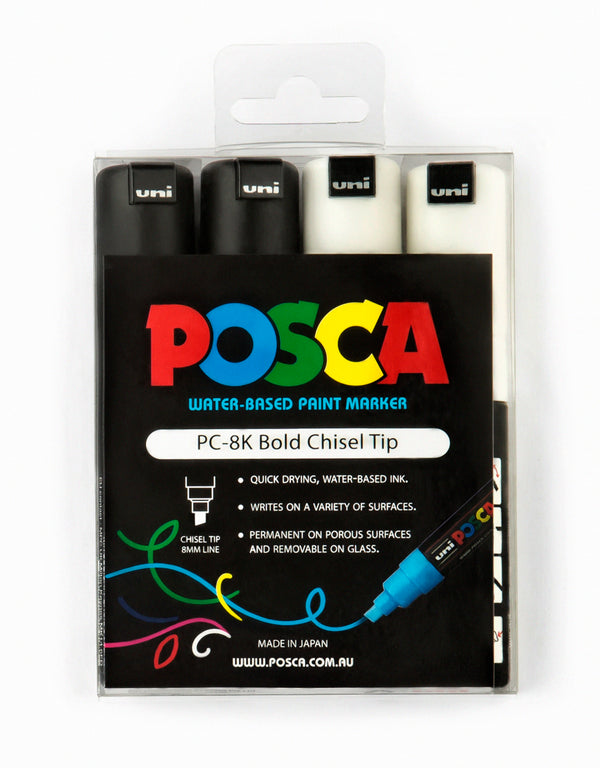 Uni Posca Paint Marker 4.5mm Chisel Tip Pen (PC-8K) - Black/White Set of 4